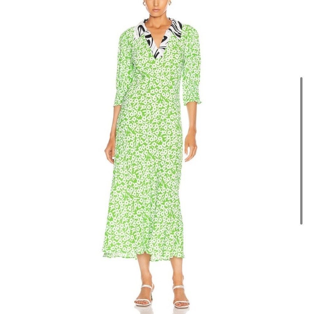 RIXO London Mia Dress Green Retro Micro Floral Swirl Size 2 Shirt Dress - Picture 11 of 11